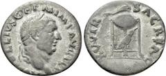 Roman Imperial Coins VITELLIUS (69). Denarius. Rome. Obv: A VITELLIVS GERM IMP AVG TR P. Laureate head right. Rev: XV VIR SACR FAC. Tripod surmounted by dolphin right; below, raven standing right. RIC