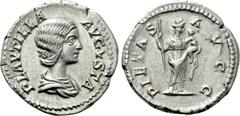 Roman Imperial Coins PLAUTILLA (Augusta, 202-205). Denarius. Rome. Obv: PLAVTILLA AVGVSTA. Draped bust right. Rev: PIETAS AVGG. Pietas standing right, holding sceptre and infant. RIC 367 (Caracalla). 
