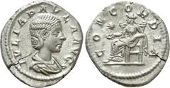 Roman Imperial Coins JULIA PAULA (Augusta, 219-220). Denarius. Antioch. Obv: IVLIA PAVLA AVG. Draped bust right. Rev: CONCORDIA. Concordia seated left on throne, holding patera; star to left. RIC 211 