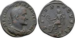 Roman Imperial Coins MAXIMINUS THRAX (235-238). Sestertius. Rome. Obv: MAXIMINVS PIVS AVG GERM. Laureate, draped and cuirassed bust right. Rev: SALVS AVGVSTI / S C. Salus seated left on throne, feedin