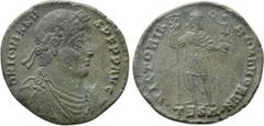 Roman Imperial Coins JOVIAN (363-364). Double Maiorina. Thessalonica. Obv: D N IOVIANVS P F P P AVG. Diademed, draped and cuirassed bust right. Rev: VICTORIA ROMANORVM / TESΔ. Jovian standing facing, 