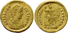 Roman Imperial Coins THEODOSIUS I (379-395). GOLD Solidus. Constantinople. Obv: D N THEODOSIVS P F AVG. Diademed, draped and cuirassed bust right. Rev: CONCORDIA AVGGGG S / CONOB. Constantinopolis sea