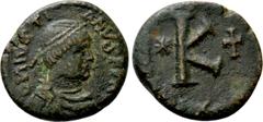 Byzantine Coins JUSTINIAN I (527-565). Half Follis. Rome. Obv: D N IVSTINIANVS PP AV. Diademed, draped and cuirassed bust right. Rev: Large K between star and cross; all within wreath. Sear 301. Condi