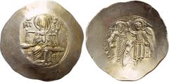 Byzantine Coins ISAAC II ANGELUS (First reign, 1185-1195). EL Aspron Trachy. Constantinople. Obv: The Virgin Mary seated facing on throne, holding bust of Holy Infant on breast. Rev: Isaac standing fa