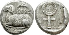 Greek Coins CYPRUS. Salamis. Gorgos (Circa 500-480 BC). Stater. Obv: Recumbent ram left; Cypriot legend above and below. Rev: Ankh; Cypriot legend within, to left and to right; all within incuse squar