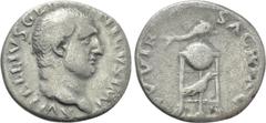 Roman Imperial Coins VITELLIUS (69). Denarius. Rome. Obv: A VITELLIVS GERMANICVS IMP. Bare head right. Rev: XV VIR SACR FAC. Tripod, dolphin on top, raven on strut between legs. RIC 70. Condition: Nea