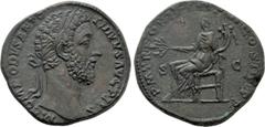 Roman Imperial Coins COMMODUS (177-192). Sestertius. Rome. Obv: M COMMODVS ANTONINVS AVG PIVS. Laureate bust right. Rev: P M TR POT VIIII IMP VI COS IIII P P / SC. Pax seated left on throne, holding b