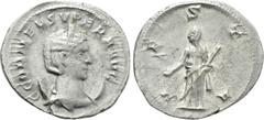 Roman Imperial Coins CORNELIA SUPERA (Augusta, 253). Antoninianus. Rome. Obv: C CORNEL SVPERA AVG. Draped bust right, wearing stephane and set on crescent. Rev: VESTA. Vesta standing facing, head left