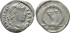 Roman Imperial Coins VALENS (364-378). Siliqua. Constantinople. Obv: D N VALENS P F AVG. Diademed, draped and cuirassed bust right. Rev: VOT / V / C • A. Legend in two lines within wreath. RIC 13d. Co