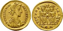 Roman Imperial Coins VALENTINIAN II (375-392). GOLD Solidus. Treveri. Obv: D N VALENTINIANVS P F AVG. Diademed, draped and cuirassed bust right. Rev: VICTORIA AVGG / T - R / COM. Two emperors seated f