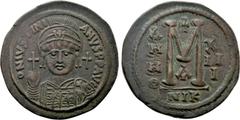 Byzantine Coins JUSTINIAN I (527-565). Follis. Nicomedia. Dated RY 13 (539/40). Obv: D N IVSTINIANVS P P AVG. Helmeted and cuirassed bust facing, holding globus cruciger and shield decorated with hors