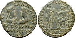 Roman Provincial Coins PHRYGIA. Temenothyrae. Salonina with Valerian II (Caesar, 256-258). Ae. Kleoboulos, magistrate. Obv: KOP CAΛΩNEINA CE PO KOPN BALEPINOC. Confronted busts of Salonina and Valeria