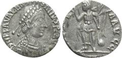 Roman Imperial Coins VALENTINIAN III (425-455). Half Siliqua. Ravenna or Rome. Obv: D N PLA VALENTINIANVS P F AVG. Diademed, draped and cuirassed bust right. Rev: VICTORIA AVGG / R [.]. Victory advanc