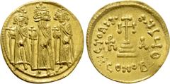 Byzantine Coins HERACLIUS with HERACLIUS CONSTANTINE and HERACLONAS (610-641). GOLD Solidus. Constantinople. Obv: Heraclius, Heraclius Constantine and Heraclonas standing facing, each holding globus c
