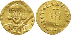 Byzantine Coins TIBERIUS III APSIMAR (698-705). GOLD Tremissis. Constantinople. Obv: D TIbERIVS PE AV. Crowned and cuirassed facing bust, holding spear and shield with horseman motif. Rev: VICTORIA AV