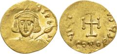 Byzantine Coins TIBERIUS III APSIMAR (698-705). GOLD Tremissis. Constantinople. Obv: D TIbERIVS PE AV. Crowned and cuirassed facing bust, holding spear and shield with horseman motif. Rev: VICTORIA AV