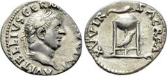 Roman Imperial Coins VITELLIUS (69). Denarius. Rome. Obv: A VITELLIVS GERM IMP AVG TR P. Laureate head right. Rev: XV VIR SACR FAC. Tripod surmounted by dolphin right; below, raven standing right. RIC