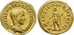 Roman Imperial Coins HERENNIUS ETRUSCUS (Caesar, 249-251). Aureus. Rome. Obv: Q HER ETR MES DECIVS NOB C. Bare headed and draped bust right. Rev: PRINCIPI IVVENTVTIS. Herennius Etruscus, in military a