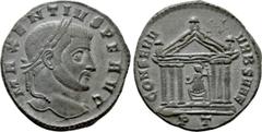 Roman Imperial Coins MAXENTIUS (307-312). Follis. Ticinum. Obv: MAXENTIVS P F AVG. Laureate head right. Rev: CONSERV VRB SVAE / PT. Hexastyle temple, containing Roma, with head left, seated facing on 