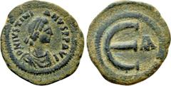 Byzantine Coins JUSTINIAN I (527-565). Pentanummium. Constantinople. Obv: D N IVSTINIANVS P P AVG. Diademed, draped and cuirassed bust right. Rev: Large E; A to right. Sear 170. Condition: Very fine. 