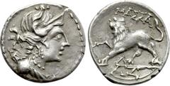 Greek Coins GALLIA. Massalia. Drachm (Circa 220-150 BC). Obv: Bust of Artemis right, bow and quiver over shoulder. Rev: MAΣΣA / Λ / AZ. Lion walking left. LT/BN 1079; C. Brenot and S. Scheers, Catalog