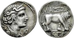 Greek Coins GALLIA. Massalia. Drachm (Circa 200-150 BC). Obv: Bust of Artemis right, bow and quiver over shoulder; monogram before. Rev: MAΣΣA / KΠA. Lion walking right; A in front. . Condition: Good 