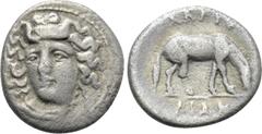 Greek Coins THESSALY. Larissa. Obol (Mid to late 4th century BC). Obv: Head of the nymph Larissa slightly left. Rev: ΛAPIΣ / AIΩN. Horse grazing right. BCD Thessaly II 328. Condition: Fine. Weight: 0.
