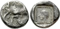 Greek Coins DYNASTS OF LYCIA. Uvug (Circa 470-440 BC). Obol. Uncertain mint. Obv: Forepart of winged human-headed bull left. Rev: Head of African left. Müseler -; Vismara -; Rosen -. Condition: Fine. 