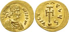 Byzantine Coins JUSTINIAN II (First reign, 685-695). GOLD Semissis. Constantinople. Obv: δ N IVSTINIANVS PF AV. Diademed, draped and cuirassed bust right. Rev: VICTORIA AVςЧS. Cross potent set upon gl