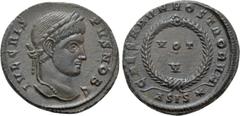 Roman Imperial Coins CRISPUS (Caesar, 316-326). Follis. Siscia. Obv: IVL CRISPVS NOB C. Laureate head right. Rev: CAESARVM NOSTRORVM / ΔSIS (star). VOT / V in two lines within wreath. RIC 161. Conditi