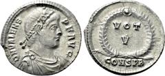 Roman Imperial Coins VALENS (364-378). Siliqua. Constantinople. Obv: D N VALENS P F AVG. Diademed, draped and cuirassed bust right. Rev: VOT / V. Legend in two lines within wreath; CONSPB. RIC 13d. Ra