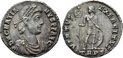 Roman Imperial Coins GRATIAN (367-383). Light Miliarense. Treveri. Obv: DN GRATIANVS PF AVG. Diademed, draped and cuirassed bust right. Rev: VIRTVS EXERCITVS / TRPS. Emperor standing left in military 