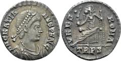 Roman Imperial Coins GRATIAN (367-383). Siliqua. Treveri. Obv: D N GRATIANVS P F AVG. Diademed, draped and cuirassed bust right. Rev: VRBS ROMA / TRPS. Roma seated left on cuirass, holding spear and v