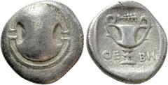Greek Coins BOEOTIA. Thebes. Hemidrachm (Circa 425-375 BC). Obv: Boeotian shield. Rev: ΘΕ - ΒΗ. Kantharos; above, club right; all within incuse square. BCD Boiotia 408-12; HGC 4, 1348. Condition: Very