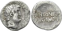 Roman Republican Coins MARK ANTONY. Denarius (32 BC). Athens. Obv: ANTON AVG IMP III COS DES III V R P C. Bare head right. Rev: ANTONIVS / AVG IMP III . Legend in two lines. Crawford 542/2; CRI 347. C