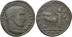 Roman Imperial Coins MAXIMINUS DAIA (310-313). Follis. Antioch. Obv: IMP C GAL VAL MAXIMINVS P F AVG. Laureate head right. Rev: SOLE INVICTO / A / ANT. Sol, raising hand and holding globus, in gallopi