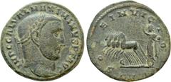 Roman Imperial Coins MAXIMINUS DAIA (310-313). Follis. Antioch. Obv: IMP C GAL VAL MAXIMINVS P F AVG. Laureate head right. Rev: SOLE INVICTO /ANT. Sol, raising hand and holding globus, in galloping qu