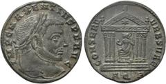 Roman Imperial Coins MAXENTIUS (307-312). Follis. Aquileia. Obv: IMP C MAXENTIVS P F AVG. Laureate head right. Rev: CONSERV VRB SVAE / AQ P. Roma seated facing in hexastyle temple, head left, holding 