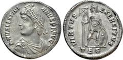 Roman Imperial Coins VALENTINIAN I (364-375). Heavy Miliarense. Thessalonika. Obv: D N VALENTINIANVS P F AVG. Diademed, draped and cuirassed bust left. Rev: VIRTVS EXERCITVS / TES. Emperor standing fa