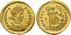 Roman Imperial Coins THEODOSIUS I (379-395). GOLD Solidus. Sirmium. Obv: D N THEODOSIVS P F AVG. Pearl-diademed, darped and cuirassed bust right. Rev: VICTORIA AVGGG Γ / S - M / CONOB. Emperor standin