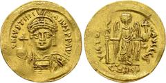 Byzantine Coins JUSTINIAN I (527-565). GOLD Solidus. Constantinople. Obv: D N IVSTINIANVS P P AVG. Helmeted and cuirassed bust facing, holding globus cruciger and shield decorated with horseman motif.