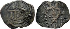 Byzantine Coins ANDRONICUS II PALAEOLOGUS (1282-1295). Trachy. Constantinople. Obv: Monogram. Rev: Emperor standing facing, holding labarum and globus cruciger; manus Dei above . LPC p.56, 31. Conditi