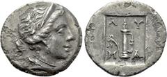 Greek Coins Lycia. Masicytus. 1/4 Drachm (48-27 BC). Obv: Bust of Artemis right, quiver over shoulder. Rev: ΛΥ - MA. Quiver in incuse square; branch in left field. Troxell, LL 130-4; RPC 3306b. Condit