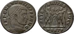 Roman Imperial Coins MAXENTIUS (307-312). Follis. Ostia. Obv: IMP C MAXENTIVS P F AVG. Laureate head right. Rev: AETERNITAS AVG N / M OST P. The Dioscuri standing facing each other, their horses betwe