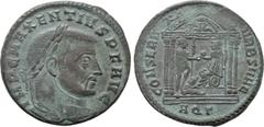Roman Imperial Coins MAXENTIUS (307-312). Follis. Aquileia. Obv: IMP C MAXENTIVS P F AVG. Laureate head right. Rev: CONSERV VRB SVAE / AQ Γ. Roma seated left on shield, holding spear and presenting gl