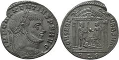 Roman Imperial Coins MAXENTIUS (307-312). Follis. Aquileia. Obv: IMP C MAXENTIVS P F AVG. Laureate head right. Rev: CONSERV VRB SVAE / AQP. Tetrastyle temple, with Lupa Romana and twins in pediment an