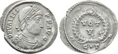 Roman Imperial Coins VALENS (364-378). Siliqua. Constantinople. Obv: D N VALENS P F AVG. Diademed, draped and cuirassed bust right. Rev: VOT / V / C • Γ. Legend in two lines within wreath. RIC 13d. Co