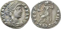 Roman Imperial Coins VALENS (364-378). Siliqua. Treveri. Obv: D N VALENS P F AVG. Diademed, draped and cuirassed bust right. Rev: VRBS ROMA / TRPS•. Roma seated left on throne, holding victoriola and 