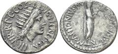 Roman Republican Coins MARK ANTONY. Denarius (38 BC). Athens. Obv: M ANTONIVS M F M N AVGVR IMP TERT. Mark Antony advancing right, holding lituus. Rev: IIIVIR R P C COS DESIG ITER ET TERT. Radiate hea