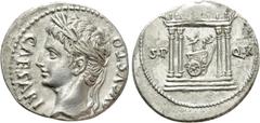 Roman Imperial Coins AUGUSTUS (27 BC-14 AD). Denarius. Uncertain Spanish mint, possibly Colonia Patricia. Obv: AVGVSTO CAESARI. Laureate head left. Rev: S P - Q R. Temple of Mars Ultor: round-domed, t